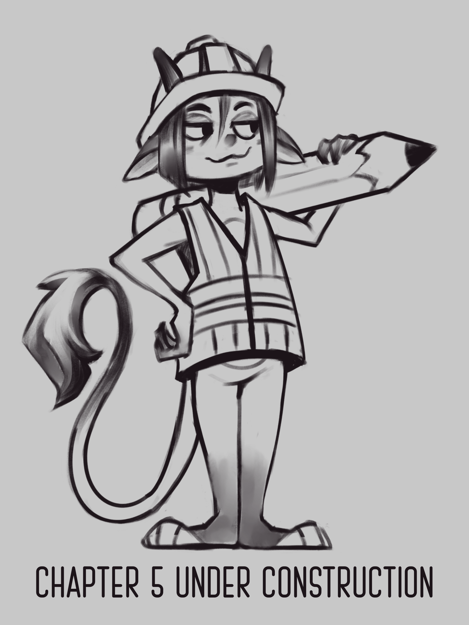 sketch of a gremlin character in a construction helmet and vest, holding an oversized pencil on their shoulder. Text underneath reads Chapter 5 Under Construction